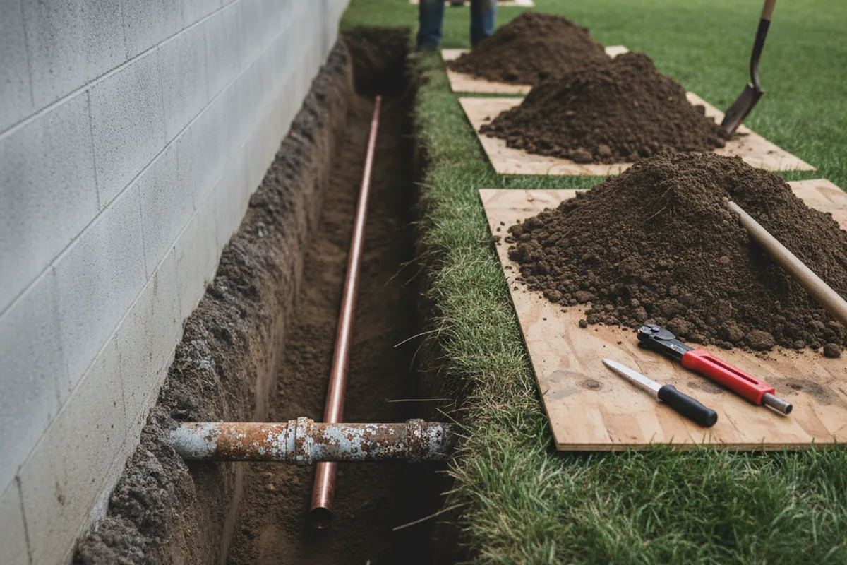 Excavated water line trench during Water Heater Repair in Honey Grove